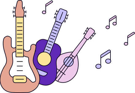 A bass, guitar, and mandolin.