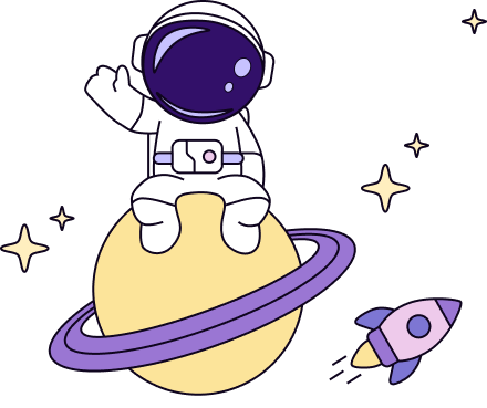 A space man sitting on a miniature planet with a rocket ship wizzing by.