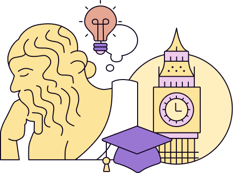 The thinker next to big ben with a square academic cap.