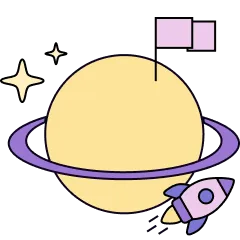 A flag on a planet with a rocketship whizzing around.
